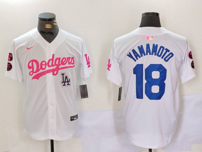 Men Los Angeles Dodgers #18 Yamamoto White pink joint name 2024 Nike MLB Jersey style 5
